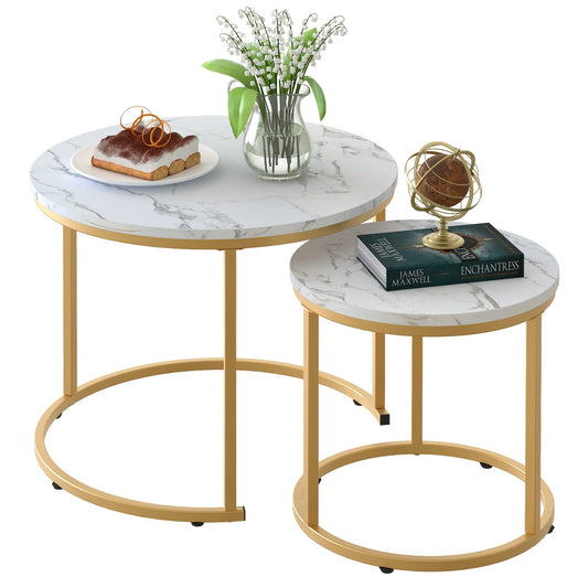 aboxoo Coffee Table Nesting White Set of 2 Side Set Golden Frame Circular Round and Marble Pattern Wooden Tables, Living Room Bedroom Apartment Modern Industrial Simple Nightstand - WoodArtSupply