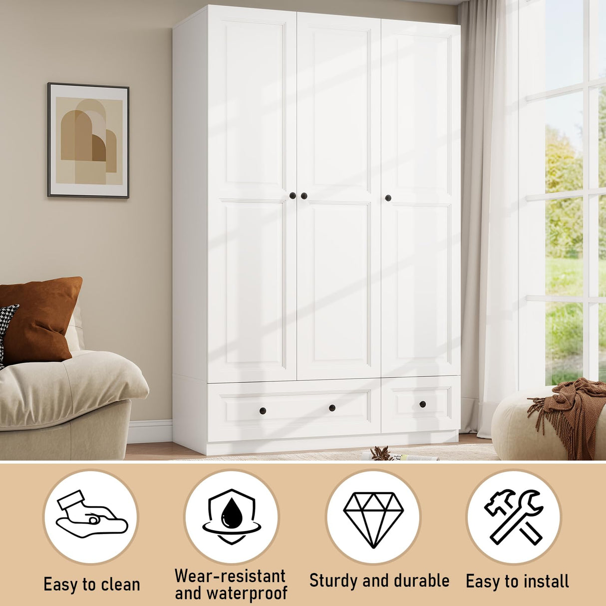 Vrmuxita Armoire Wardrobe Closet with Drawers: 74" White Tall Wooden Wardrobe Closet for Hanging Clothes, Large Bedroom Armoires with 2 Drawers, 3 Door Armoire Storage Cabinet (White, 47") Vrmuxita