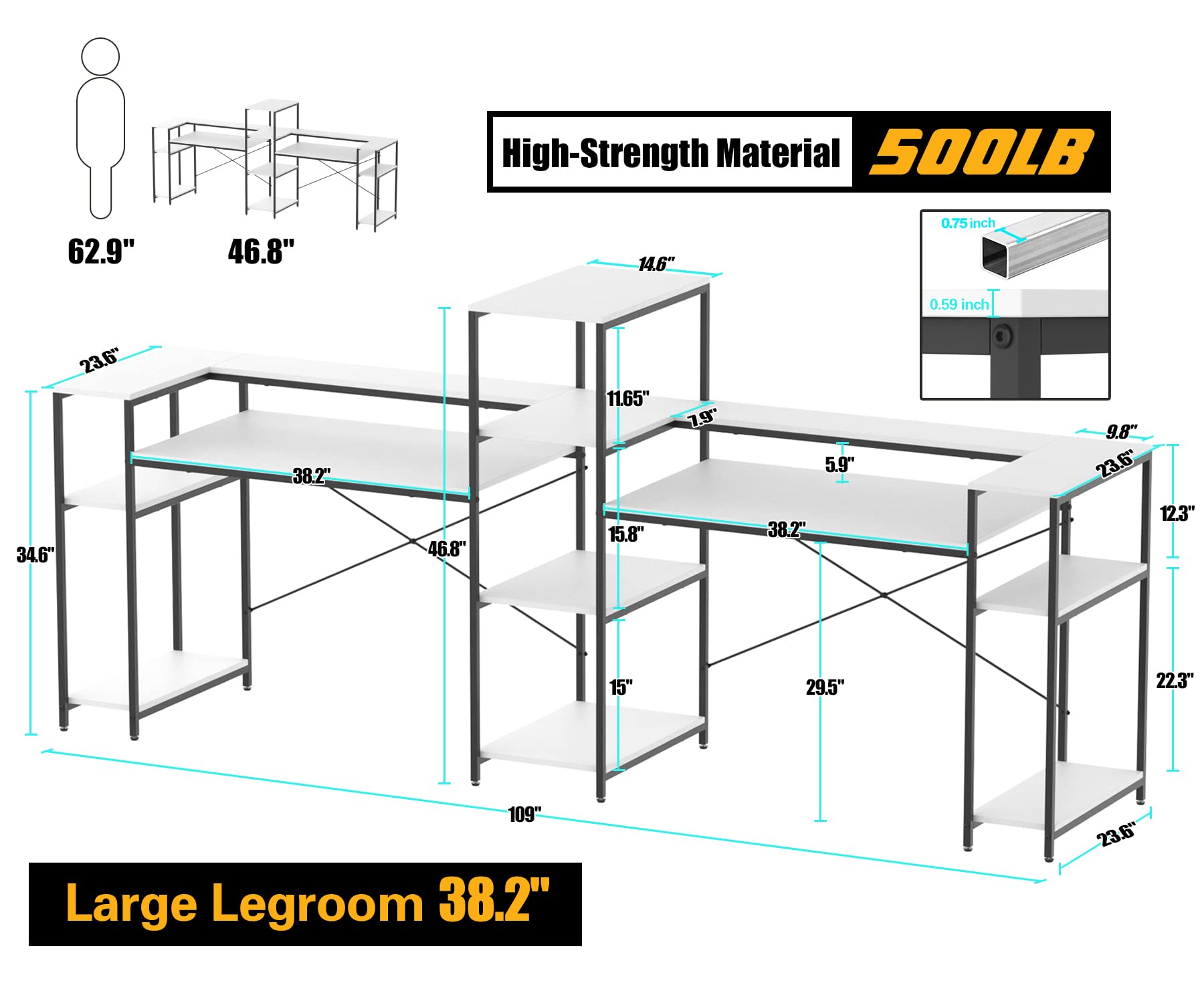 Extra Long White Double Computer Desk with Storage Shelves & Monitor Stand by HYPIGO - WoodArtSupply