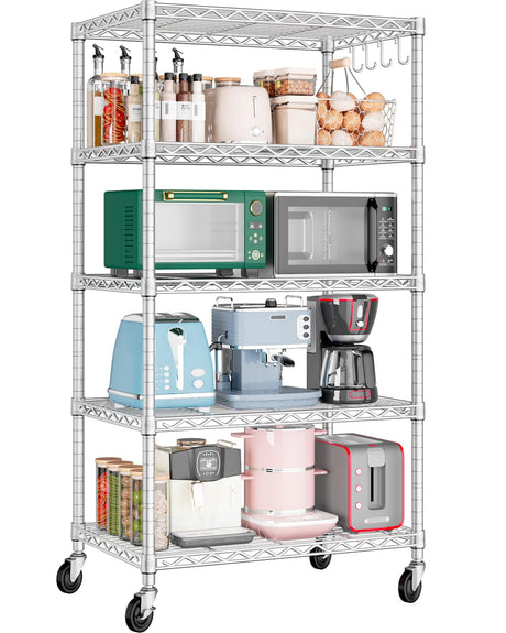 PrimeZone 75" H Wire Shelving 5 Tier Slim Steel Storage Metal Shelves with Wheels,Adjustable Kitchen Utility Shelving Unit,Pantry Rack Rolling Metal Shelf Chrome 24" Wx18 Dx75 H PrimeZone