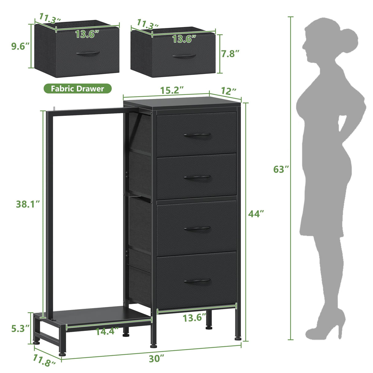 HIGDBFE Dresser with Hanging Rack, 4 Drawers Small Closet for Bedroom, Reversible Fabric Kids Chest of Drawers with Clothes Rack, Tall Storage Tower, Sturdy Frame, Black, 44''H HIGDBFE