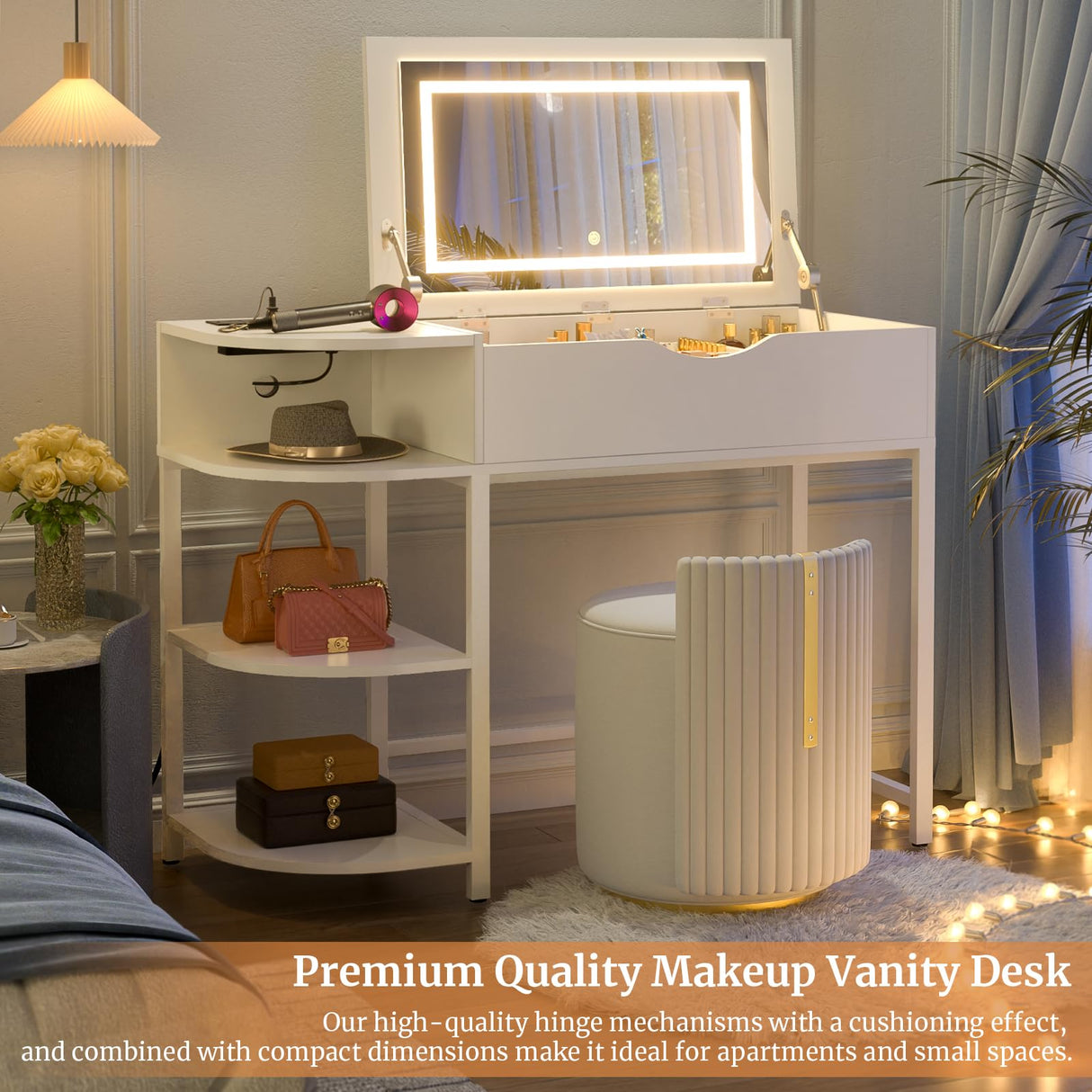 Cyclysio Vanity Desk with Flip Top Mirror and Lights, Makeup Vanity Desk with Drawers, Dressing Table with Storage Shelves & Charging Station, Small Vanity for Small Spaces, White Cyclysio