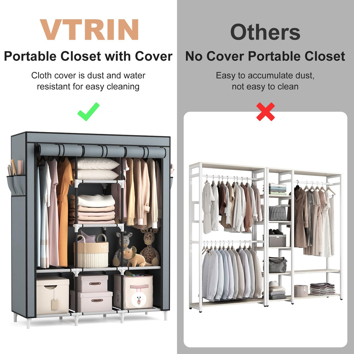 VTRIN Portable Closet Wardrobe for Hanging Clothes with 2 Hanging Rods and 8 Storage Organizer Shelves,Sturdy Large Wardrobe Closet for Bedroom Free Standing Clothes Rack with Cover,Grey VTRIN