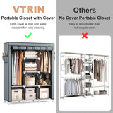 VTRIN Portable Closet Wardrobe for Hanging Clothes with 2 Hanging Rods and 8 Storage Organizer Shelves,Sturdy Large Wardrobe Closet for Bedroom Free Standing Clothes Rack with Cover,Grey VTRIN