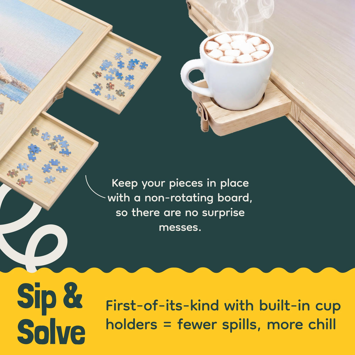 Gondola 1500 Pieces Puzzle Board with Mug Holders, 6 Drawers and Cover, Sturdy Jigsaw Puzzle Table Tray, 26"x35" Portable Wooden Jigsaw Puzzles Accessories, Jig Saw Home Holder Organizer Boards Gondola