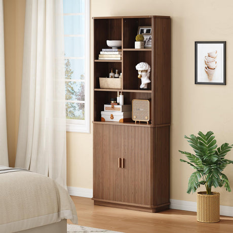 ONBRILL 71" Tall Cube Bookcase, Curved Bookshelf with Storage Cabinet & Adjustable Storage Shelf, Freestanding Wood Bookcase with Sliding Door & Sturdy Pedestal, for Home Office, Living Room, Walnut ONBRILL