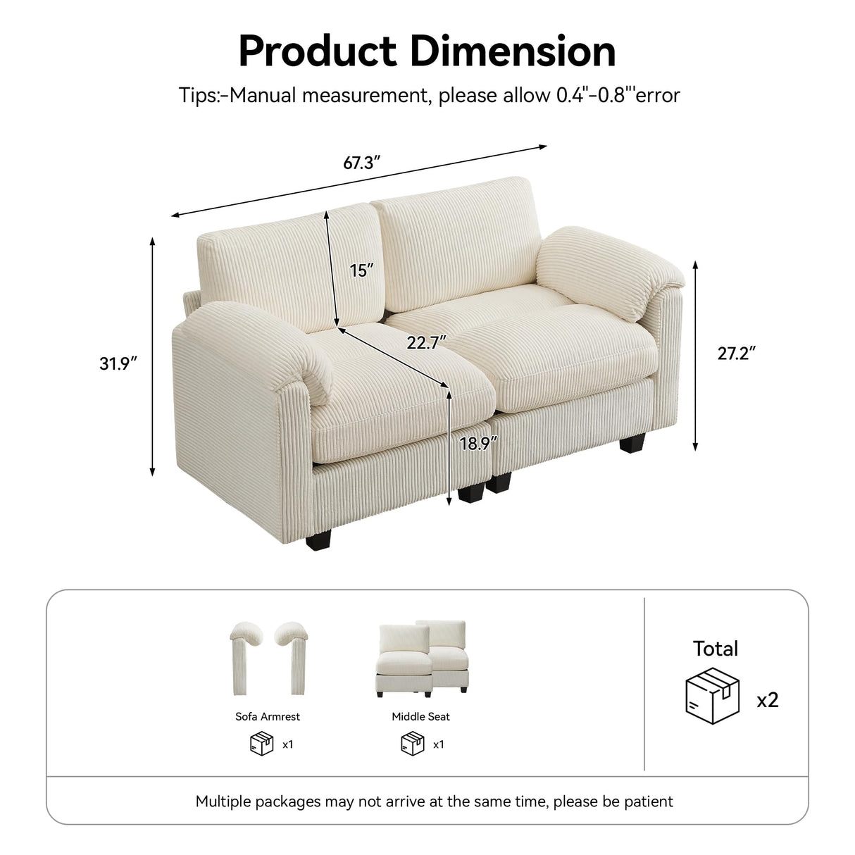 67'' Modular Loveseat Sofa, Extra Deep Seat Cloud Couch for Living Room, Corduroy Deep Seat Sofa with Armrest Pillows, Center Stitched, Beige Hatppto