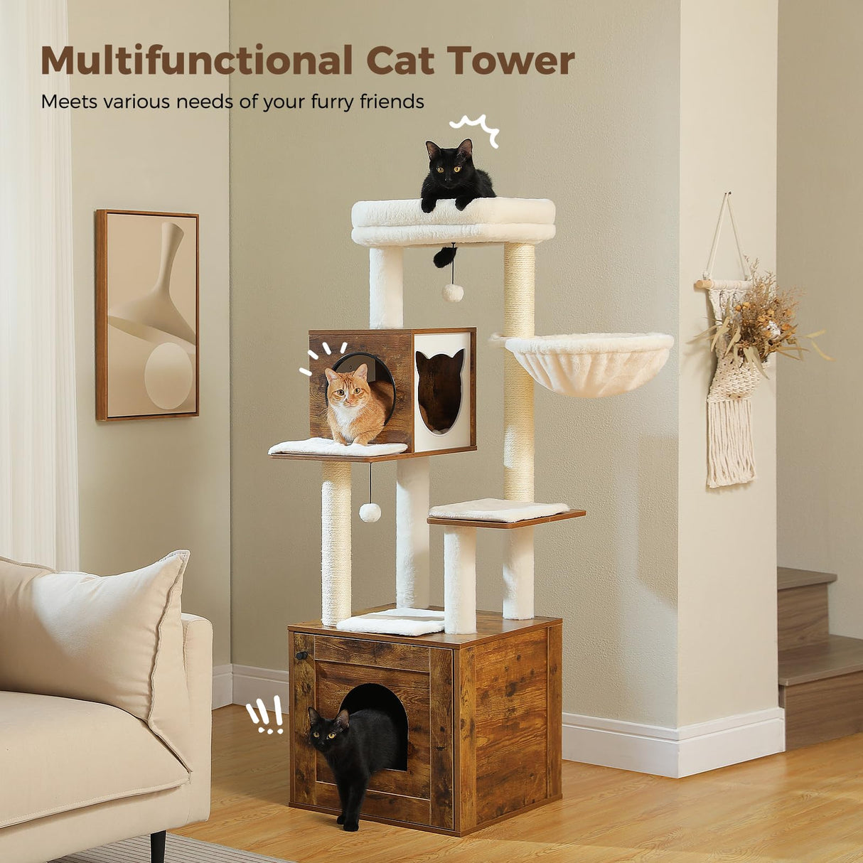MIOMUM Tall Cat Tree with Litter Box Enclosure 57.5" Wooden Cat Tower for Large Cats with Cat Hammock House Bed (Wood Walnut) MIOMUM