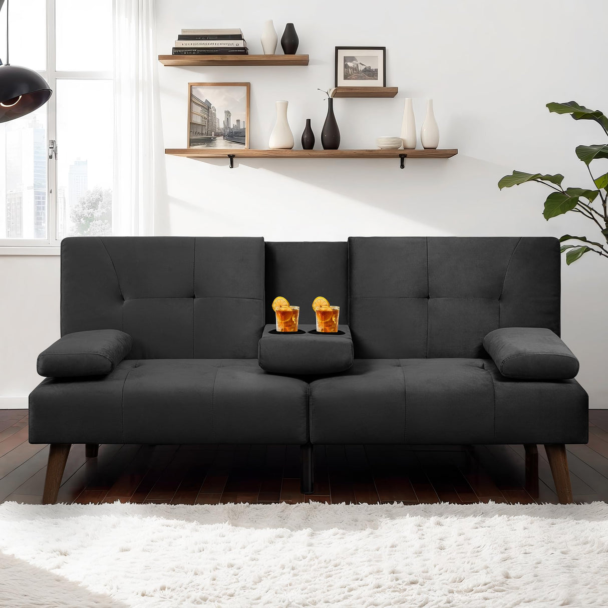 JAMFLY Futon Couch Sofa Bed Convertible, Small Sleeper Sofa Chair Loveseat with Cup Holder for Small Spaces, Living Room, Bedroom, Gameroom, Apartment, Dorm (Black) JAMFLY