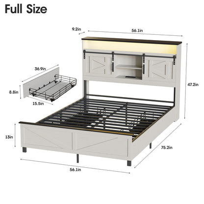 Fameill Farmhouse Full Bed Frame with LED Lights, Charging Station, and 4 Storage Drawers in Antique White - WoodArtSupply