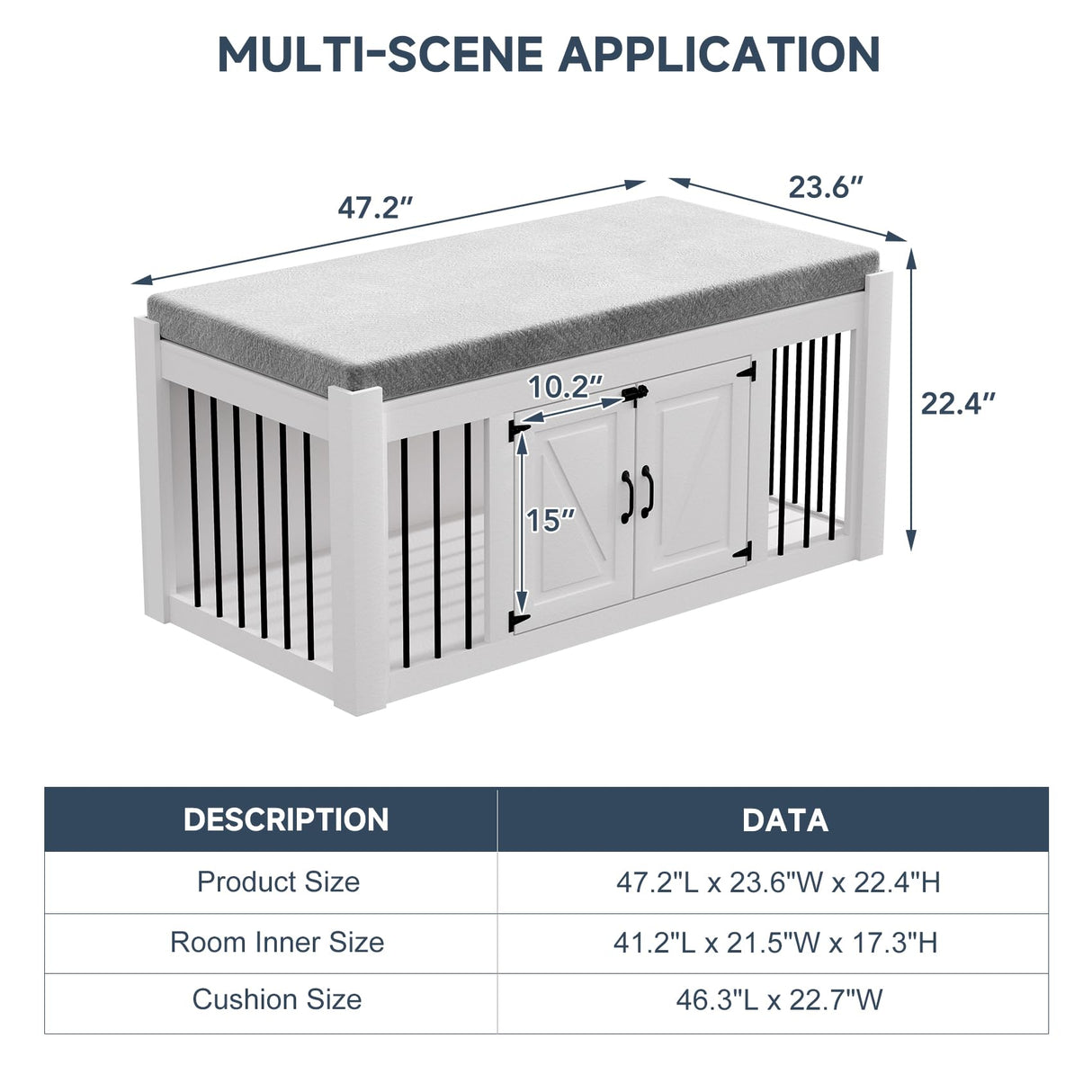 Faceket Indoor Dog Crate Furniture with Padded Seat, Wooden Dog Kennel, End of Bed Bench Ottoman with Removable Cushion, 47.2" L x 23.6" W x 22.4" H，White Faceket