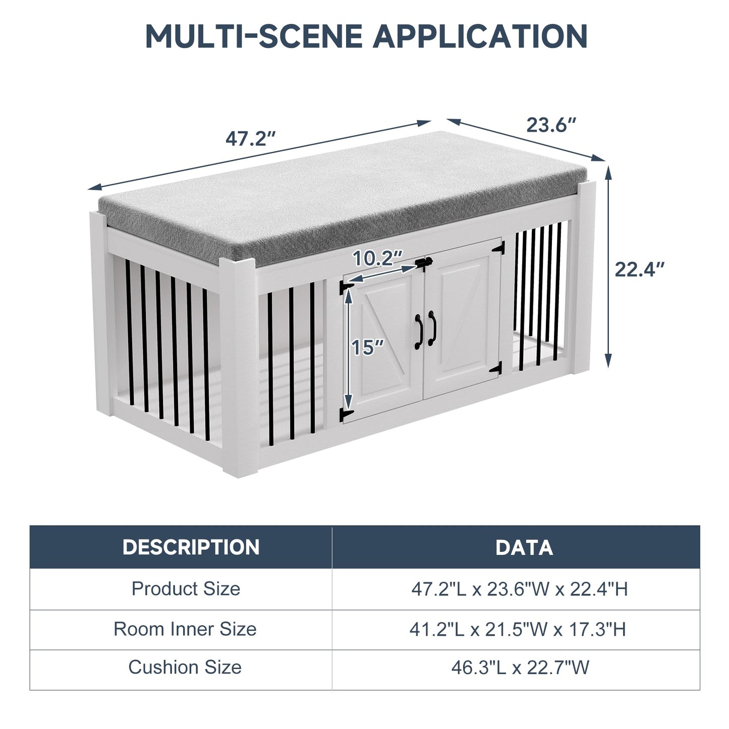 Faceket Indoor Dog Crate Furniture with Padded Seat, Wooden Dog Kennel, End of Bed Bench Ottoman with Removable Cushion, 47.2" L x 23.6" W x 22.4" H，White - WoodArtSupply