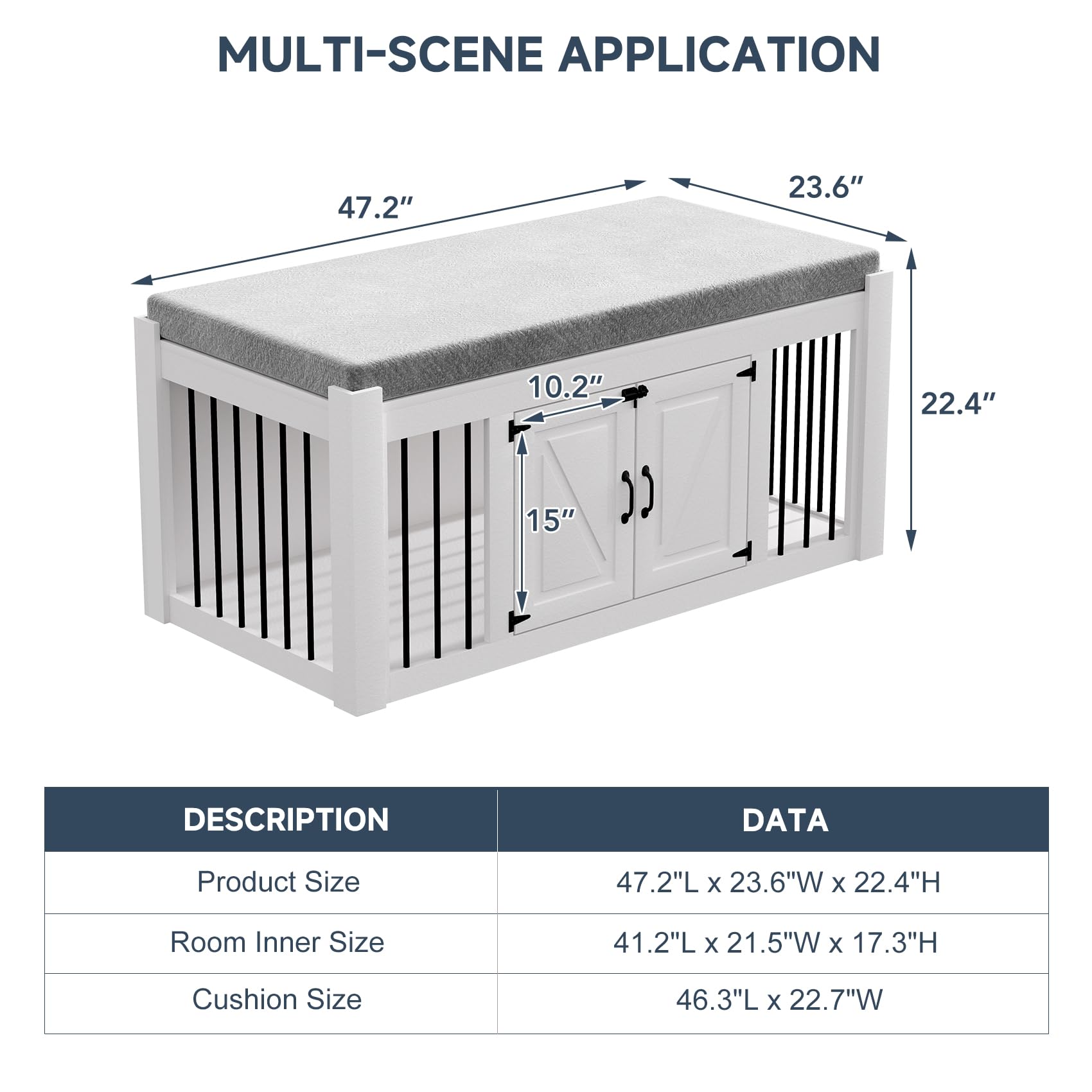 Faceket Indoor Dog Crate Furniture with Padded Seat, Wooden Dog Kennel, End of Bed Bench Ottoman with Removable Cushion, 47.2" L x 23.6" W x 22.4" H，White - WoodArtSupply