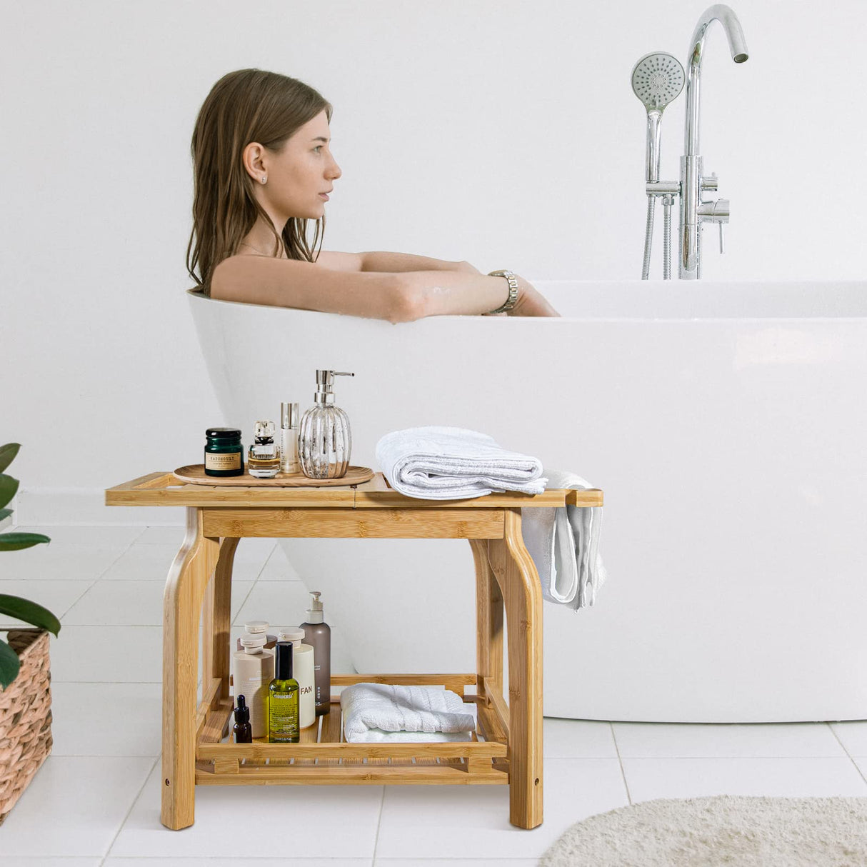 2-Tier Bamboo Shower Bench for Inside Shower Shaving Legs, 25 Inch Waterproof Bathroom Bench Shower Stool with Storage Shelf, Safe & Stable for Seniors Adults Disabled Women KingPavonini