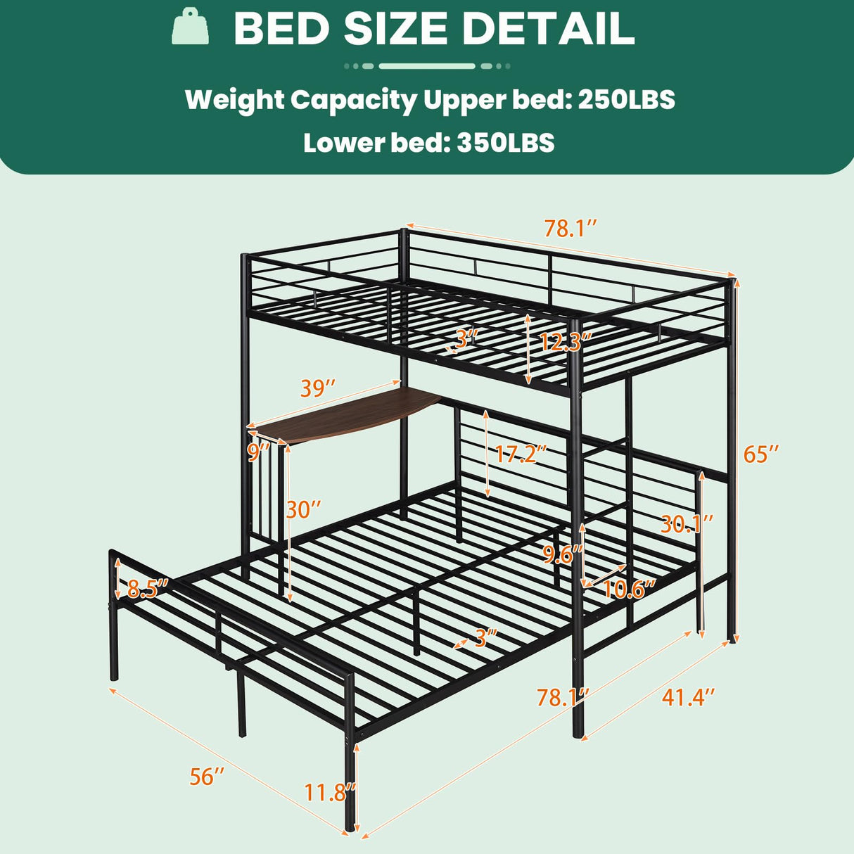 Metal Twin Over Full Bunk Bed Frame with Desk, Loft Platform Mattress Foundation with Steel Slat Support Storage Space Merax