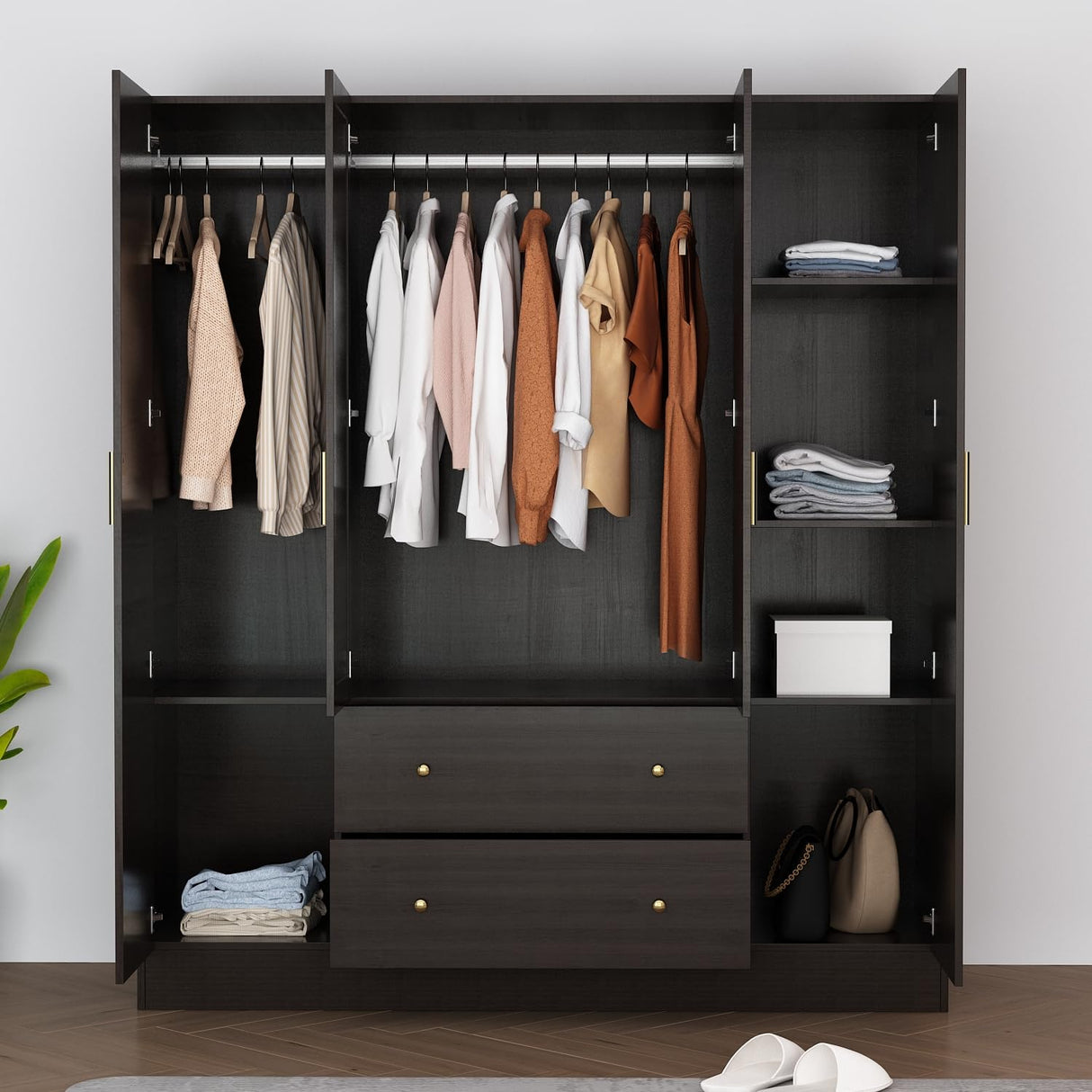 WOODTIME 4-Door Armoire Wardrobe Closet with Mirror, 63" L Modern Wooden Bedroom Armoire with 2 Drawers, 2 Hanging Bars & 7 Shelves, Black Brown WOODTIME