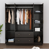WOODTIME 4-Door Armoire Wardrobe Closet with Mirror, 63" L Modern Wooden Bedroom Armoire with 2 Drawers, 2 Hanging Bars & 7 Shelves, Black Brown WOODTIME