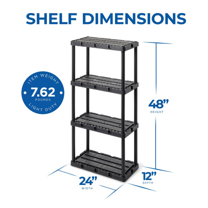 Gracious Living 4 Shelf Knect-A-Shelf Ventilated Light Duty Storage Unit 12 x 24 x 48 Organizer for Home, Garage, Basement & Laundry, Black