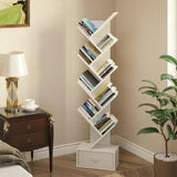 Rolanstar Tree Bookshelf with Drawer, 9 Shelf Bookshelf, Wooden Bookcase Storage Rack for CDs/Movies/Books, Corner Bookshelves, Utility Organizer Shelves for Living Room, Bedroom, White Rolanstar