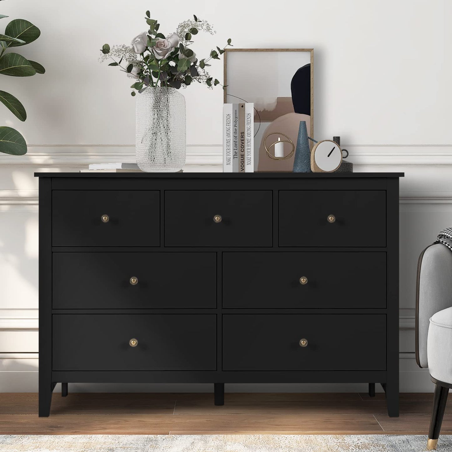 LQFATEST Black Dresser for Bedroom, 7 Drawer Dresser, Wooden Dresser, Wooden Storage Chest of Drawers for Living Room, Hallway, Entryway, Bedroom Furniture