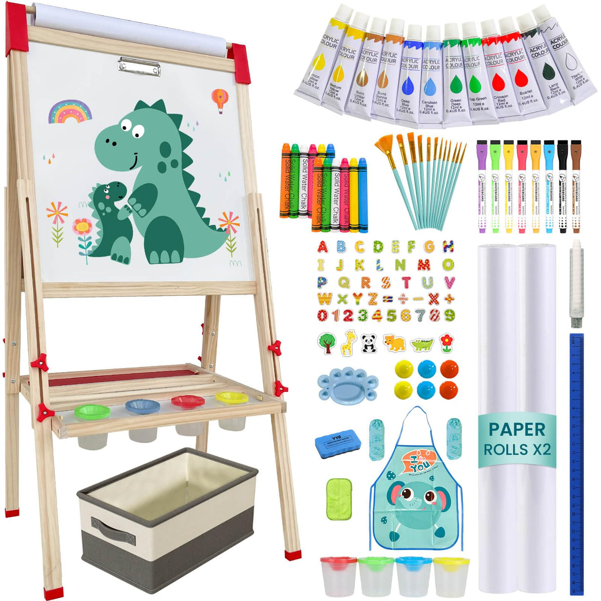 Easel for Kids,Adjustable Wooden Art Easel for Kids,114+ Art Supplies,Double Sided Magnetic Chalkboard and White Board for Kid,Drawing and Painting for Aged 2-4,5-7,8-12,2 Paper Rolls SUNFATT