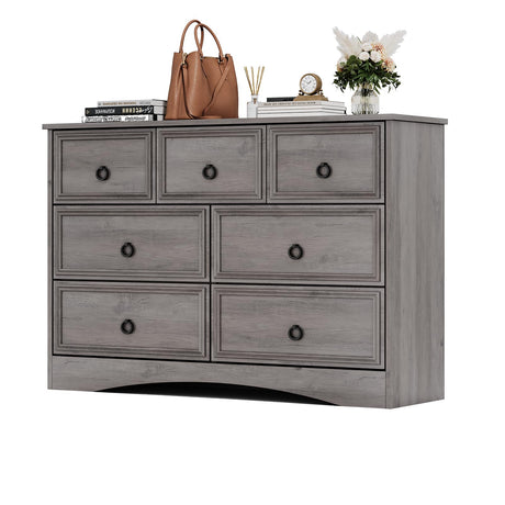 Modern 7 Drawer Dresser Gray Dressers for Bedroom, Wood Dresser with Drawers for Clothes Storage, 47" Long Dresser with Textured Borders Deep Drawer, Chest of Drawers Closet Organizers for Bedroom HolliWill