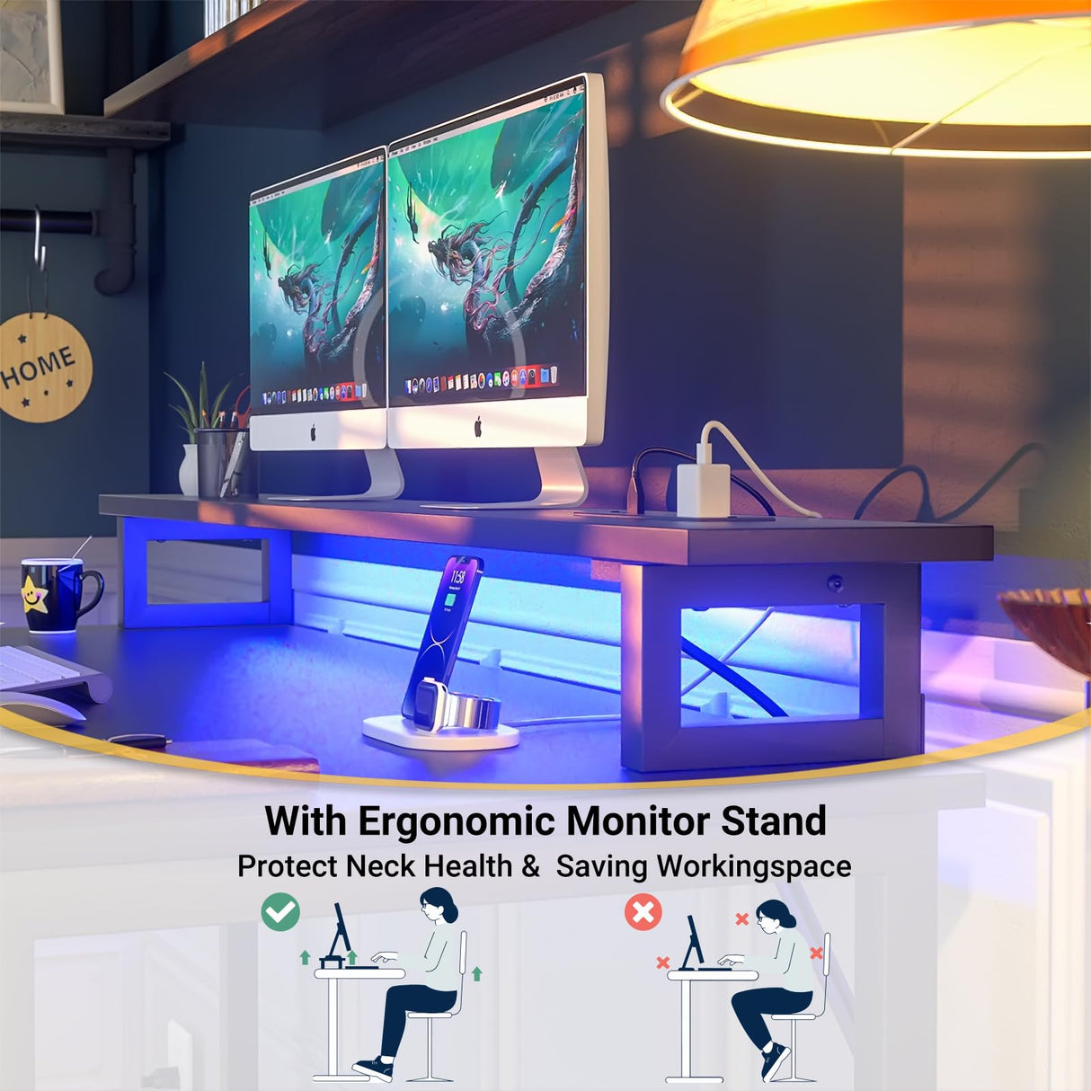 Hyomdeck Computer Desk with USB Power Outlets and LED Lights,55 inch Gaming Desk with Monitor Stand for Small Space Home Office, Modern Simple Study Writing Table PC Desks, Black Hyomdeck