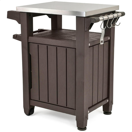 Keter Outdoor Grill Prep Table & Serving Cart, Stainless Steel Top, Unity, 40 Gal, Brown - Portable Bar Table and Cooking Accessory for Pool, Patio, Lawn, and Backyard Keter
