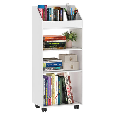 HAYOFAMY 4-Tier Mobile Bookshelf, White Bookcase with Wheels, Rolling File Holder Desk File Book Organizer for Home Office Living Room School
