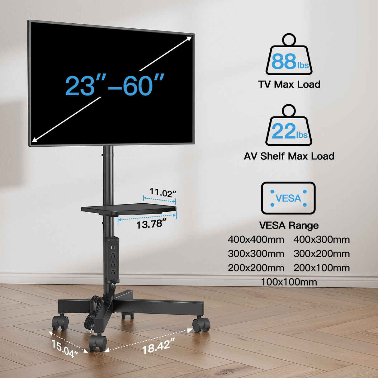 HUANUO Rolling TV Stand with Power Outlet, Mobile TV Cart for 23-60 Inch Flat/Curved LED/LCD/OLED TVs up to 88 lbs, TV Cart Height Adjustable Portable TV Stand on Wheels Max VESA 400x400mm HNTVMC02 HUANUO