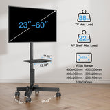 HUANUO Rolling TV Stand with Power Outlet, Mobile TV Cart for 23-60 Inch Flat/Curved LED/LCD/OLED TVs up to 88 lbs, TV Cart Height Adjustable Portable TV Stand on Wheels Max VESA 400x400mm HNTVMC02 HUANUO