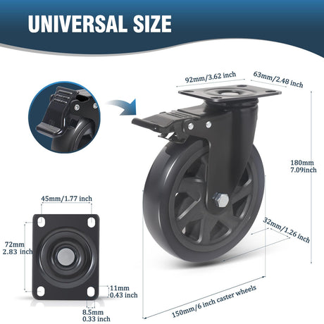 6 Inch Caster Wheels 3000lbs,Heavy Duty Casters Set of 4 with Brake, No Noise Polyurethane Swivel Caster Wheels for Cart,Furniture,Workbench(Free Screws & Spanners) Wieyunn