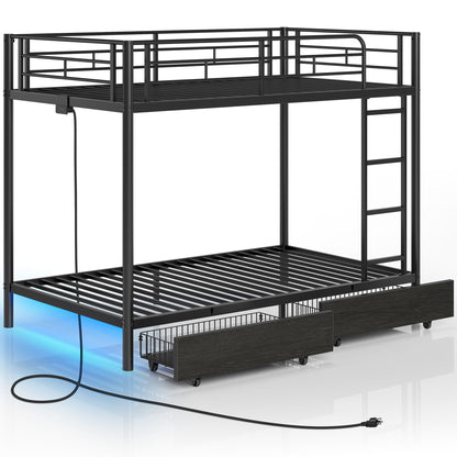 Rolanstar Metal Bunk Bed Twin Over Twin with USB Charging Station, LED Bunk Bed with 2 Storage Drawers, Bed with Safety Guardrail & Ladders, No Box Spring Needed, Easy Assembly, Black