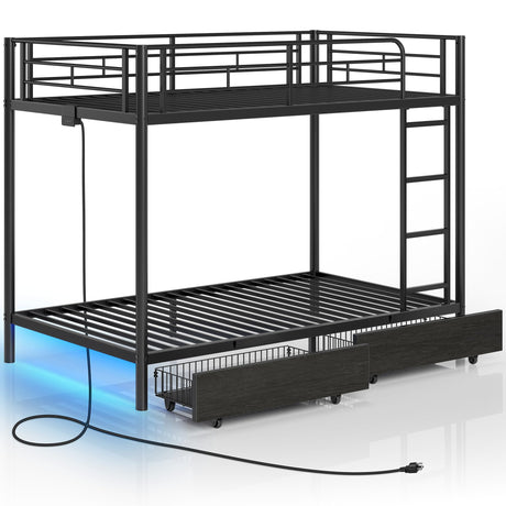 Rolanstar Metal Bunk Bed Twin Over Twin with USB Charging Station, LED Bunk Bed with 2 Storage Drawers, Bed with Safety Guardrail & Ladders, No Box Spring Needed, Easy Assembly, Black Rolanstar
