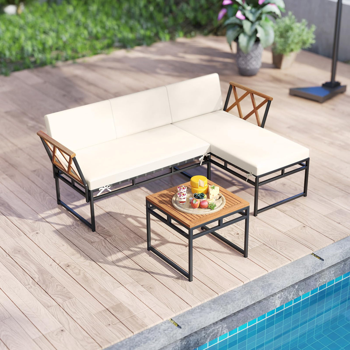 Tangkula 3 Pieces L-Shaped Outdoor Furniture Set, Acacia Wood Patio Sectional Cushioned Conversation Sofa with Square Coffee Table, for Porch, Backyard & Poolside (Beige) Tangkula