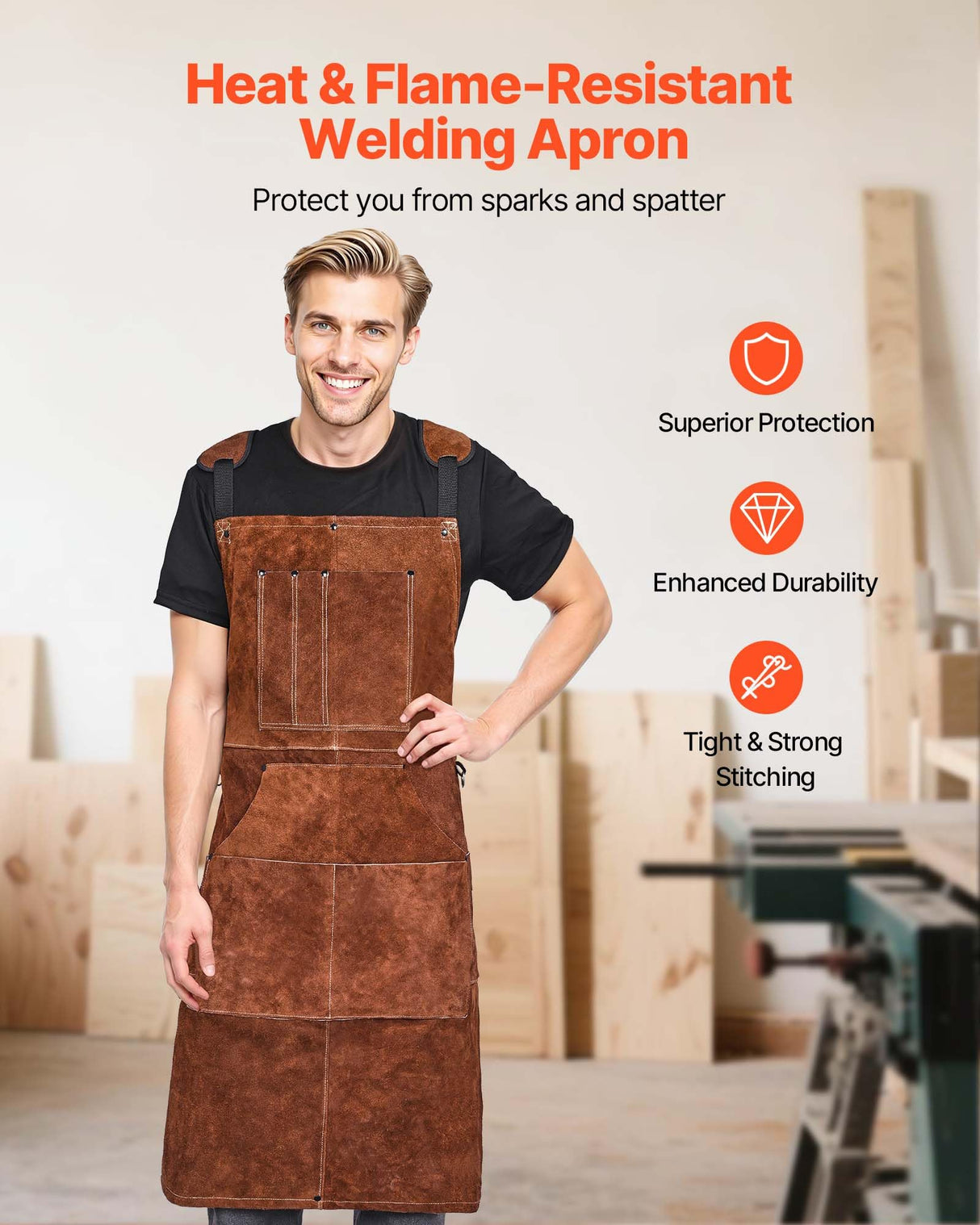 VEVOR Leather Welding Work Apron, Heavy Duty Cowhide Flame Resistant Welding Apron, Heat-Resistant Blacksmith Welder Aprons with 6 Tool Pockets for Woodworking, Gardening, BBQ VEVOR
