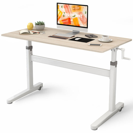 Win Up Time Manual Standing Desk Adjustable Height- Crank Mobile Standing Desk 48 x 24 Inches Sit Stand Desk Frame & Top, Stand Up Desk on Wheels, Computer Desk White Frame & Maple - WoodArtSupply