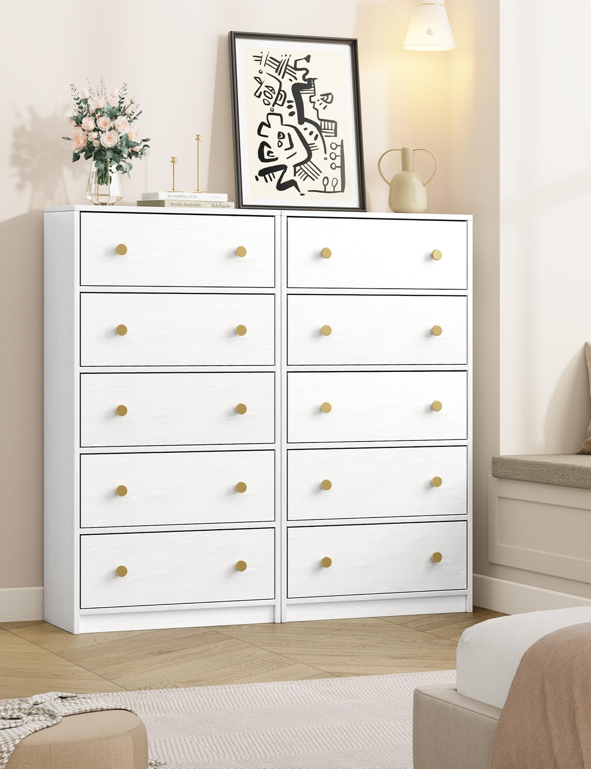 Nicehill White Dresser for Bedroom with 5 Drawers, Fabric Dresser Storage Tower, Chest of Drawers for Closet, Living Room, Hallway, Entryway, Woodeen Dresser（White） Nicehill