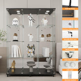 LFT HUIMEI2Y Glass Display Cabinet 12 Shelves with 3 Columns, LED Light, Mirror and Lock, Curio Cabinets Quick-Install Style Tempered Glass Floor Standing Bookshelf for Living Room, Kitchen Black LFT HUIMEI2Y