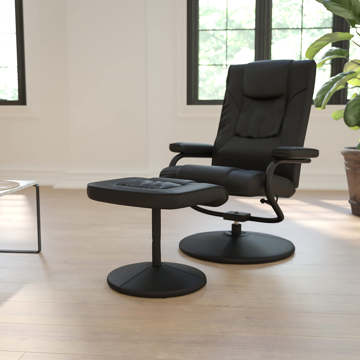Flash Furniture Rachel Contemporary Multi-Position LeatherSoft Recliner Chair with Ottoman, 360-Degree Swivel Recliner Chair and Ottoman Set, Black Flash Furniture