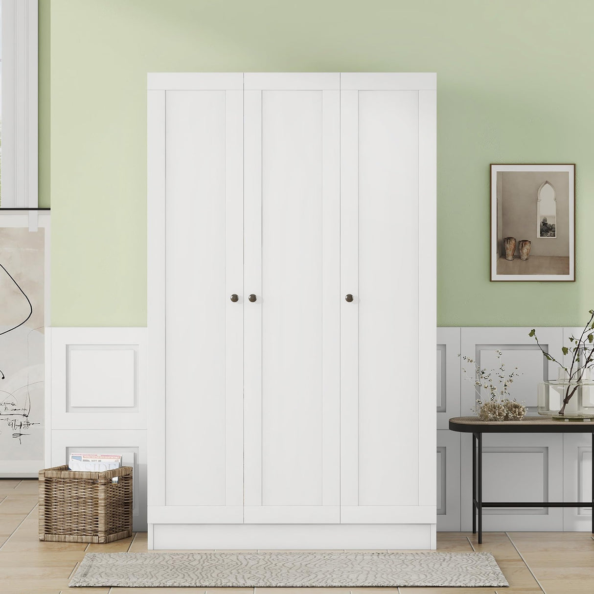 3 Door Wardrobe Armoire Closet with Shutter Doors Freestanding Wardrobe Cabinet with Shelevs and Hanging Rod Clothes, Cabinet Organizer, 21.1"D x 41.4"W x 66.9"H (White) Bellemave