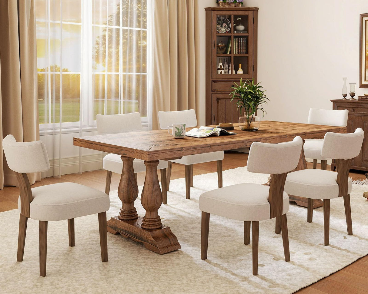 HNY Mid Century Modern Dining Chairs Set of 6, Farmhouse Linen Fabric Upholstered Accent Curved Backrest Kitchen Chairs, with Hardwood Frame, Beige, Linen HNY