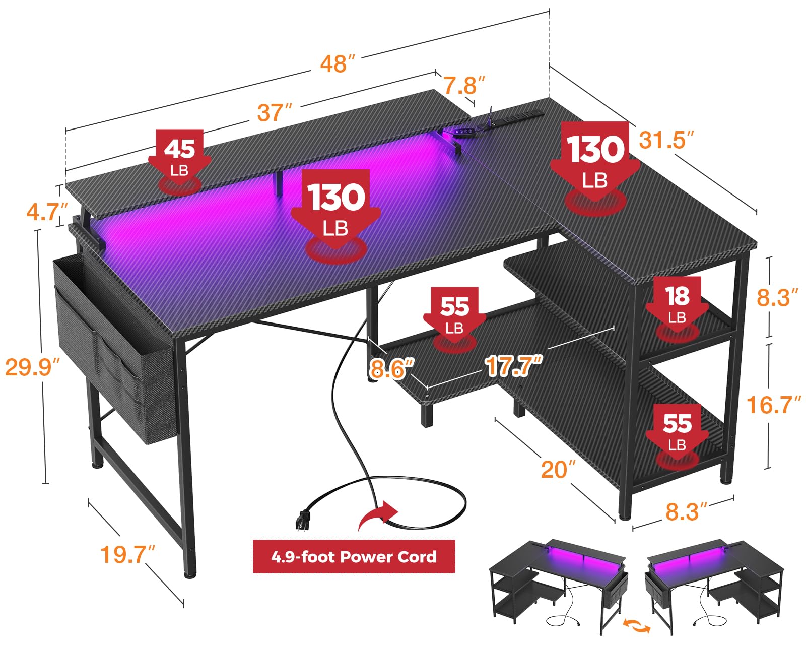 ODK 48 Inch Reversible L-Shaped Gaming Desk with USB Ports, LED Lights & Storage Solutions - WoodArtSupply