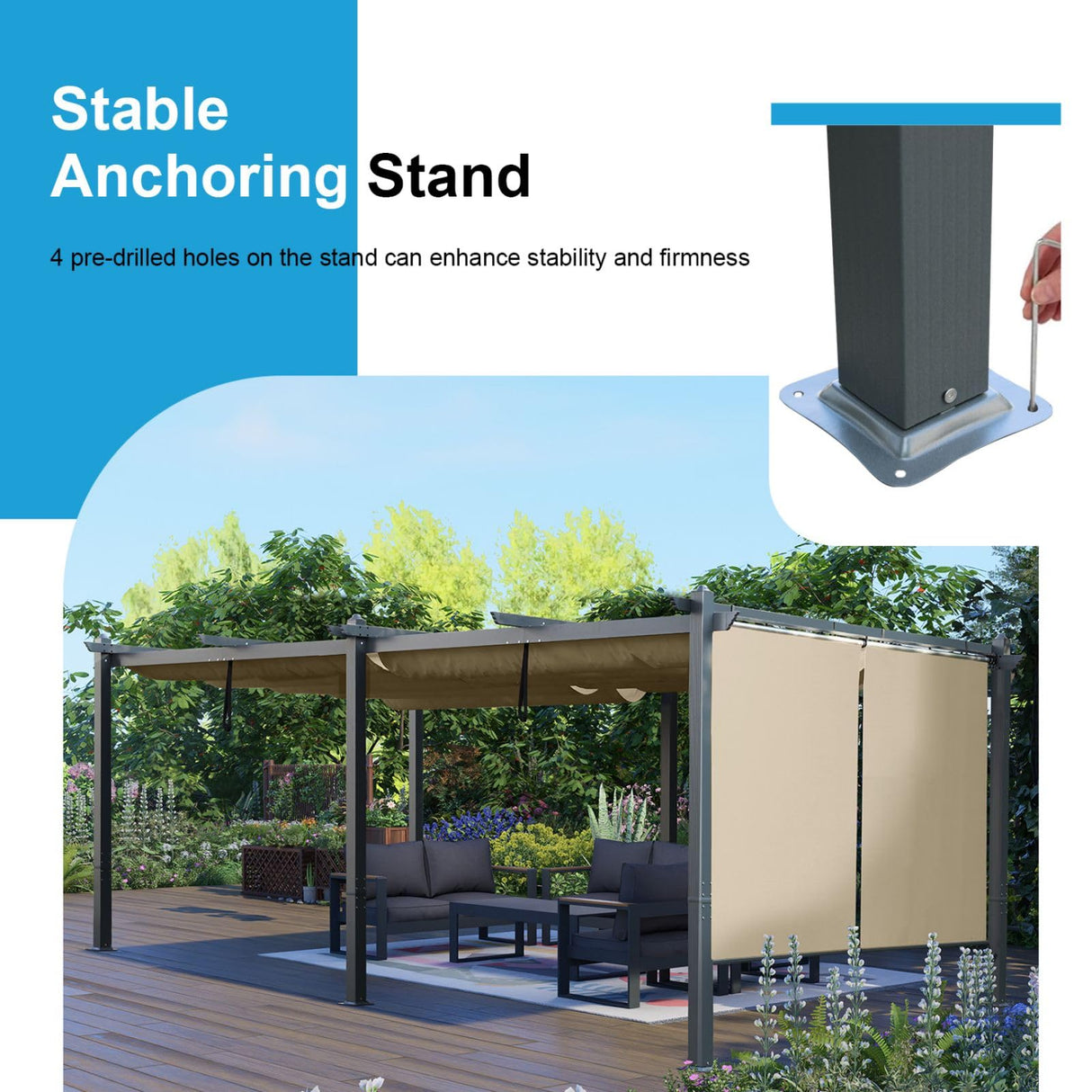 Aoodor 12 x 20 FT Outdoor Pergola with Retractable Shade Canopy, Dark Gray Matte Aluminum Frame, 2 Pieces Roller Shade Curtain, Grape Trellis Pergola Aoodor