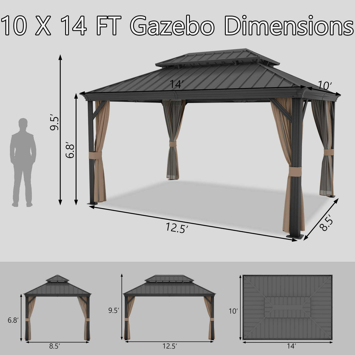 Yardsight 10' x 14' Hardtop Gazebo, Aluminum Frame Pavilion with Galvanized Steel Double Roof Heavy Duty Permanent Gazebo with Mosquito Netting and Privacy Curtain for Patio, Garden, Lawn. Yardsight