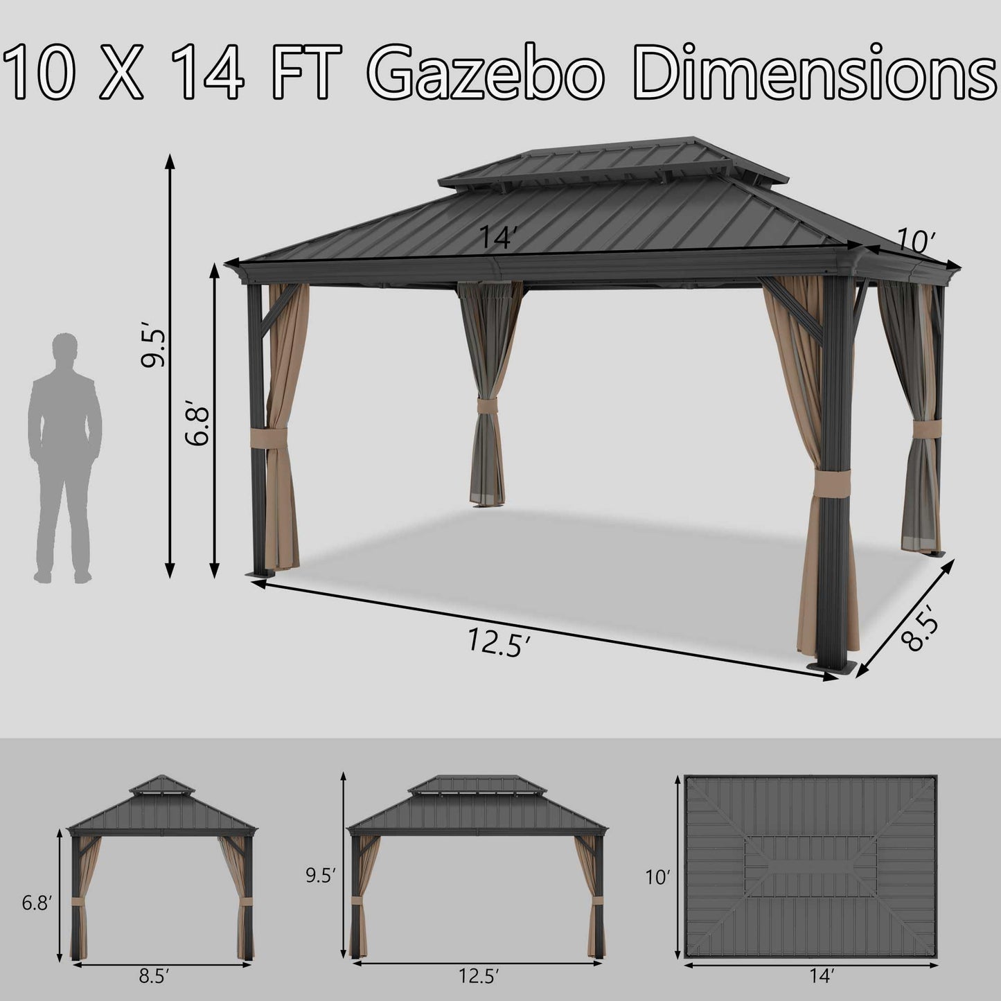 Yardsight 10' x 14' Hardtop Gazebo, Aluminum Frame Pavilion with Galvanized Steel Double Roof Heavy Duty Permanent Gazebo with Mosquito Netting and Privacy Curtain for Patio, Garden, Lawn. - WoodArtSupply