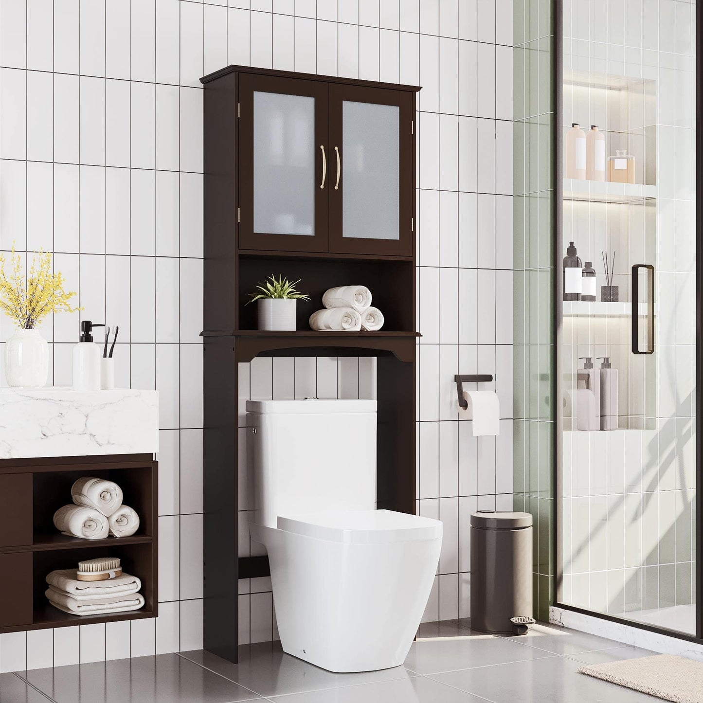 Yaheetech Over The Toilet Storage Cabinet, Free Standing Toilet Rack with Adjustable Shelves and Tempered Glass Doors for Bathroom Washroom, Espresso