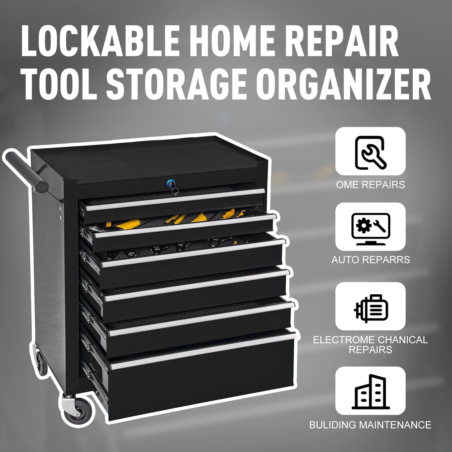 WAYTRIM 6-Drawer Metal Rolling Tool Chest with Wheels, Tool Storage Cabinet with Locking System，Toolbox with Wheels for Repair Shop, Garage, Warehouse, Workshop, 6-Drawer, Black