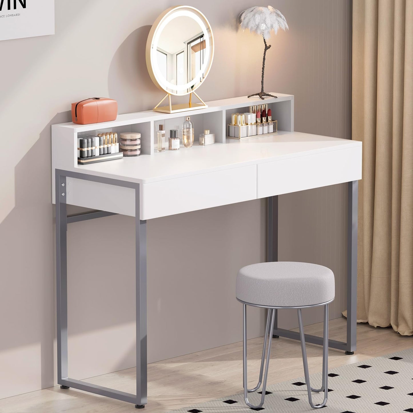 GreenForest Vanity Desk with 2 Drawers,White Makeup Desk with 3 Storage Spaces,31.5inch Small Desk for Bedroom with Metal Silver Legs,Morden Computer Desk Home Office Desk,No Mirror