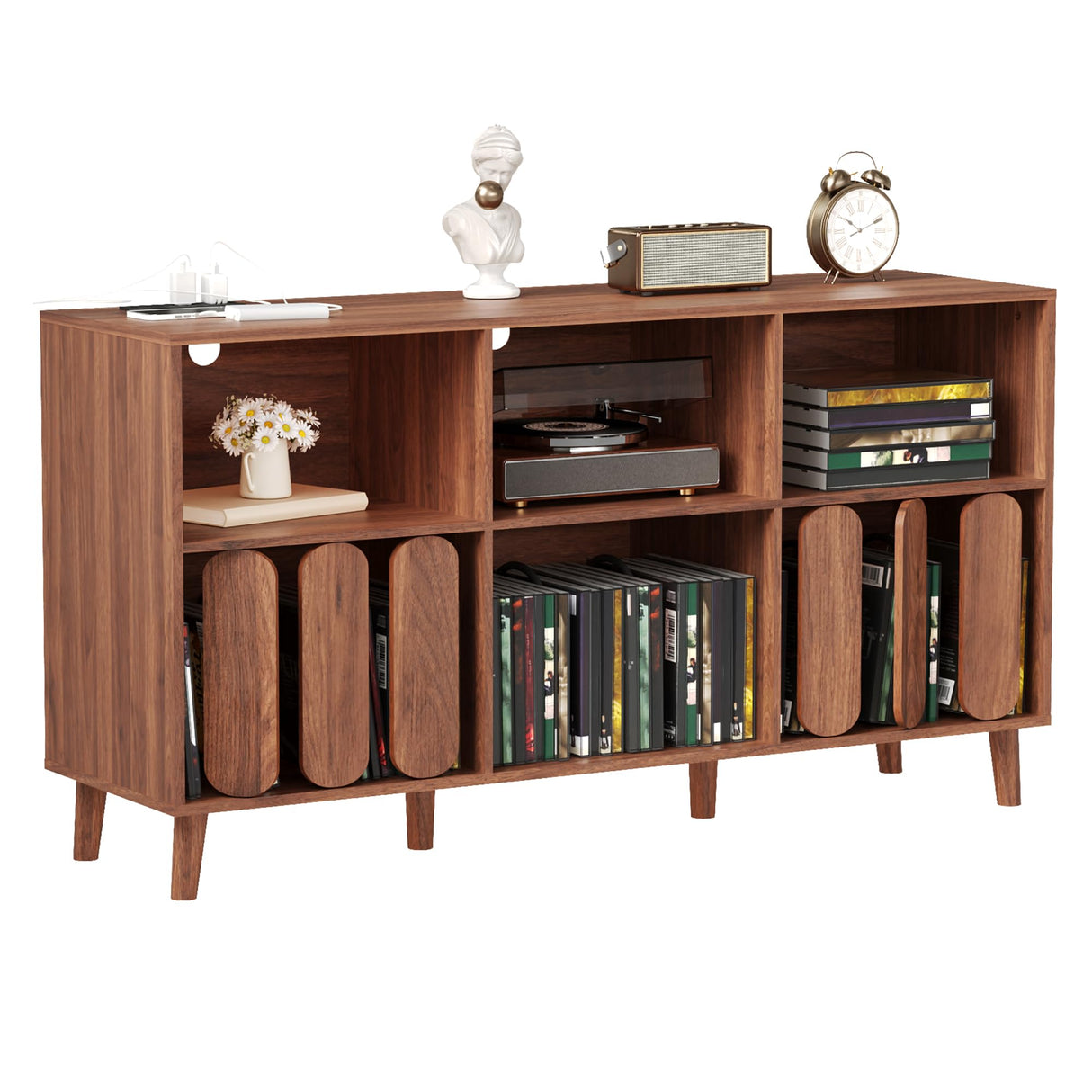 55" Record Player Stand, Wood Rustic Vinyl Record Storage Cabinet with Charging Station, 2 Outlets & USB Ports, Modern Wide Turntable Stand with Open Shelves Holder, Mid-Century Design PeacefulHues